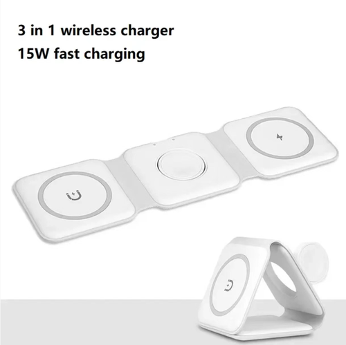 15W high-efficiency fast charging, capable of powering mobile phones, watches and headphones simultaneously. When unfolded, it becomes a flat charging pad,when folded, it transforms into a mobile phone stand or a compact size suitable for holding in the palm of your hand. Say goodbye to messy cables, compatible with multiple devices, making it a practical choice for desktop storage and reducing burden during travel.