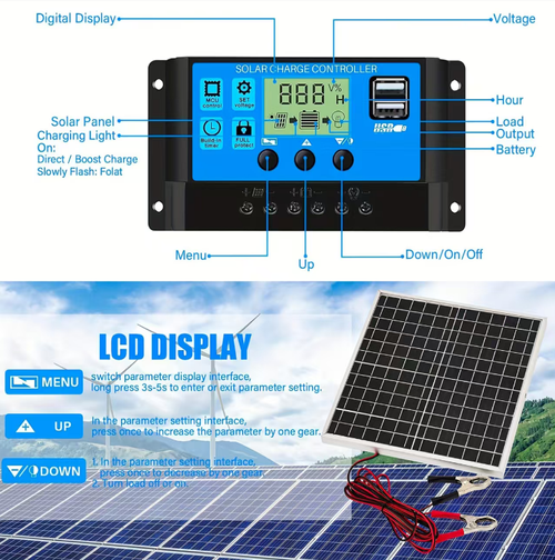 This 12W12V monocrystalline solar power generation kit comes with an aluminum frame solar panel and a digital controller, along with a crocodile clip connection cable. It features multiple circuit protections and supports off-grid power supply. It is suitable for charging power banks of campers and ships, and comes with a USB interface, making it convenient for powering small electronic devices outdoors.
