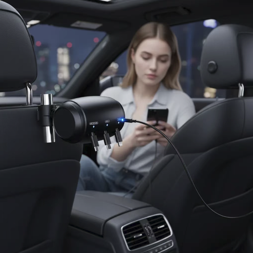 Vehicle-mounted three-in-one extension charging cable box, equipped with three types of universal charging connectors, the cable can automatically retract and store. The clip has anti-slip function and securely fixes the headrest, without damaging the interior of the vehicle. It can meet the fast charging needs of multiple devices for one vehicle, eliminating the mess of wires and being applicable to both private cars and ride-hailing vehicles.