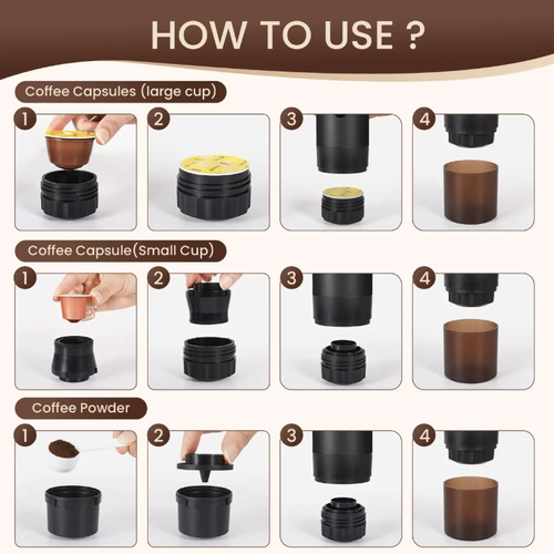 This portable wireless capsule coffee machine is equipped with heating and digital display functions. The charging port does not require plugging in. The machine is small in size and can be easily stored. The operation is simple. It is compatible with capsule coffee. It comes with a stand, storage bag and measuring spoon. It is suitable for use in various scenarios such as outdoor camping, vehicle transportation and home. The disassembled structure is convenient for cleaning.