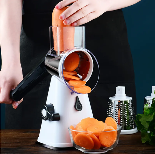 The three-in-one drum-type vegetable cutter comes with three knife heads for peeling, slicing and grinding. It can be used for three purposes with one device. The manual operation is effortless and safe. The stainless steel knife heads are durable and hygienic. It is an efficient tool for preparing dishes and making light meals in the kitchen.