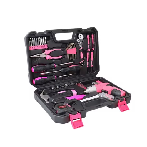 A pink multi-functional household tool set, containing 151 tools, covering all scenarios of home maintenance. The pink anti-slip handle provides a comfortable grip, and the tool box is neatly organized with a high appearance quality. The tools are sturdy and durable, helping you easily become a home maintenance expert, managing your home in a stylish and efficient way.