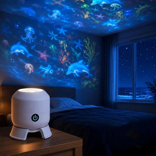 The rotating ocean and star dual-theme projection lamp projects full-room light and shadow evenly in all directions within 360 degrees. It emits soft low-blue light that is gentle on the eyes and operates silently without any noise. The compact and round body is easy to place and carry. It also has the functions of an ambient light and a night light for bedtime use. It is suitable for party setups in children's rooms or bedrooms, and makes a great gift for enhancing the home atmosphere.
