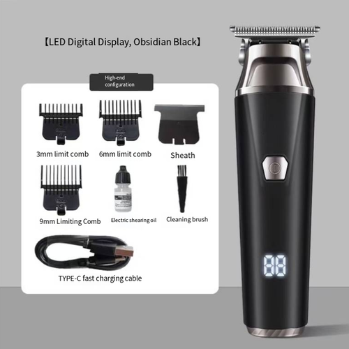 This household electric hair clipper is equipped with an LED power display and Type C fast charging. It comes with 3mm, 6mm and 9mm limiters, allowing you to trim hair of different lengths. By removing the limiters, you can shape the sideburns. The accessories include a protective case, a cleaning brush and lubricating oil. The entire set of tools is highly practical and suitable for both adults and infants to use.