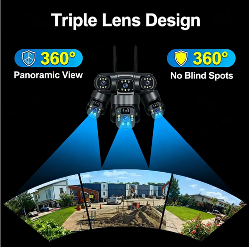 4G solar three-lens outdoor surveillance camera. No need for network cables or mains power supply. The photovoltaic panel can autonomously store energy for long-lasting operation. The three cameras can monitor simultaneously on different screens without any blind spots. It has full-color night vision, human shape alarm, two-way intercom, is waterproof and lightning-proof, and can be remotely viewed in real time via mobile phone.