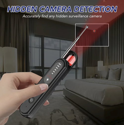 Portable detector, featuring dual modes of wireless signal detection and infrared scanning, can assist in identifying hidden cameras and wireless eavesdropping devices. The telescopic antenna is combined with a signal indicator light, and it comes with a built-in flashlight for illumination. It has multiple sensitivity settings that can be adjusted. Suitable for hotels, guesthouses, and other places as an auxiliary tool for privacy protection.
