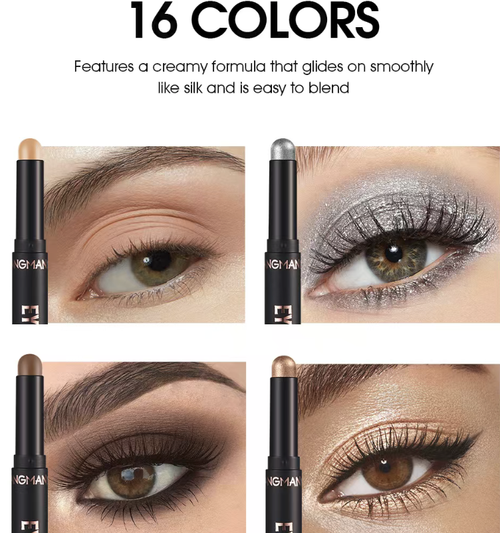 Waterproof eyeshadow stick set, available in multiple colors, featuring both matte and shimmer finishes. The texture is smooth and easy to apply, providing waterproof and sweat-resistant properties without smudging. It doesn't flake or clump. Ideal for beginners. It can also be used as a brow pencil or contouring brush, allowing for the creation of various eye makeup looks. Say goodbye to the hassle of repeated coloring.