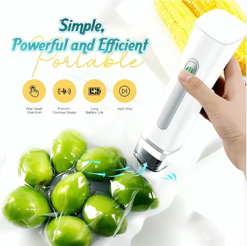 This handheld vacuum machine is wireless and portable. It can be operated with one hand and automatically stops after vacuum sealing. It is suitable for all kinds of ingredients such as seafood, nuts, fruits and vegetables. The BPA-free bag can be reused. It has a long battery life, keeps the freshness and prevents cross-contamination, extends the freshness of the ingredients, and reduces kitchen waste.