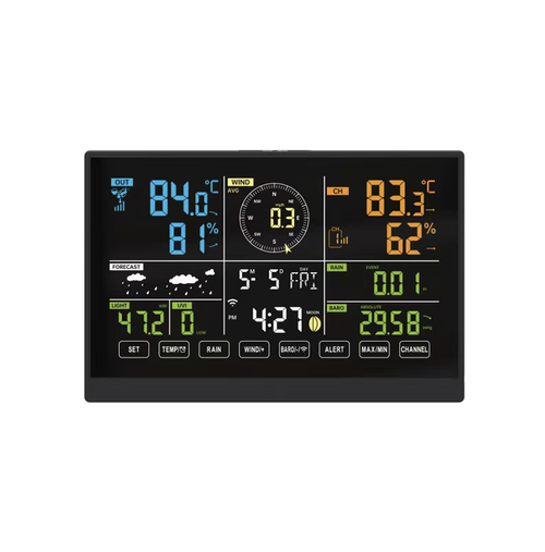 WiFi wireless weather monitoring station, outdoor integrated waterproof sensor probe with solar power supply, large color screen simultaneously displaying temperature, humidity, wind speed, rainfall, air pressure, and automatically generating weather forecast. Wireless long-distance transmission, suitable for garden and greenhouse farming, all-weather monitoring of indoor and outdoor weather changes.