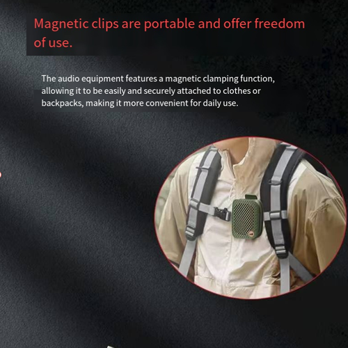 80g ultra-light magnetic wearable Bluetooth speaker, IPX5 waterproof and sweat-resistant, TWS dual-device interconnection for stereo surround bass output. The powerful back clip can fix it on backpacks or bicycles. The Bluetooth has stable and long-lasting battery life. It combines the advantages of portability, waterproofing and stereo bass, making it a great music accessory for outdoor travel. Recommended.