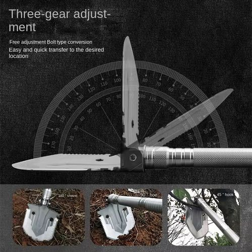 Splittable and extendable multi-functional soldier's shovel: The integrated shovel head contains a scale ruler, blade, bottle opener, screwdriver interface. It supports multi-level deformation to switch tool forms. It comes with an extended handle component. Tactical spikes. Tool head accessories. Covers all scenarios such as camping pit digging, outdoor tree sawing, self-reliance in emergencies, and survival in the wild. Professional portable survival tools.