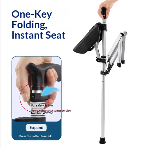 This multi-functional walking stick folding chair can be transformed with just one click to switch between a walking stick and a sitting stool. It can support up to 120kg with three legs. The aircraft-grade aluminum is lightweight and not heavy. The ergonomic handle is non-slip and easy to hold. The electric model has automatic extension buttons, making it extremely convenient for strolling, queuing, and outdoor use. It can be carried in a pocket without taking up space.