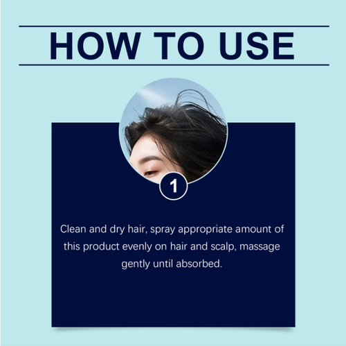 The hair growth spray contains coffee, minerals, vitamins and amino acids. A light spray can deeply nourish the hair strands - it repairs damage from perming and coloring, reduces breakage, and also smooths the frizz and adds shine, making the hair strong and shiny. It has a refreshing and non-greasy texture, and is easy to use anytime with just a light spray. It is portable and doesn't cause any burden.
