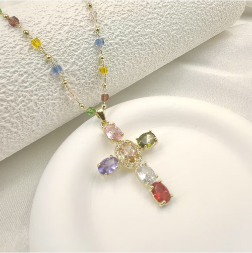 Place your order today and you will receive 2 colorful zirconium high-end style full-diamond sweet and cool cross necklace. The dazzling and eye-catching necklace is adorned with colorful zircons, and the fine chain fits the neck perfectly. It combines sweet and cool with retro high-end style, suitable for various fashion styles. A beautiful gift box is included, making it an eye-catching choice for individual outings.