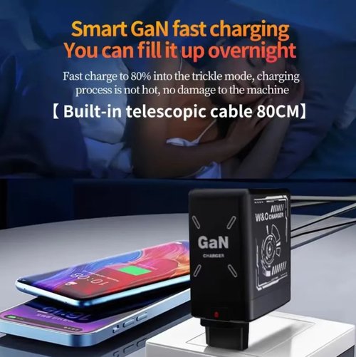 This 120W GaN charger features GaN cutting-edge technology, providing fast charging without overheating. It can fully charge to 60% in 15 minutes for Huawei and 30 minutes for Apple. It comes with an 80CM extendable cable that eliminates the need for a separate power cord. It offers intelligent trickle charging and 8 layers of protection, ensuring safety and convenience. It is suitable for commuting and business trips, among other scenarios.