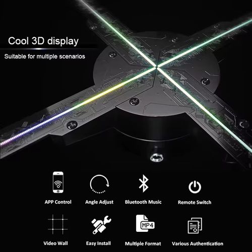 Highly compatible commercial 3D holographic fan: Controlled by APP, Bluetooth audio, cluster synchronization, 16G local storage, supports timed on off, angle adjustment, multi-format content compatibility, supports OTA upgrade, secondary encryption, quick startup feature. It is an innovative display device for creating immersive dynamic advertisements in store windows, shopping malls, exhibition halls, tourist attractions, etc.