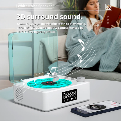Listen to the retro atmosphere audio system. The black vinyl rotates in a horizontal manner + 7 types of white noise. Sea waves wind sounds can be automatically enveloped in 3D surround sound. 3 levels of atmosphere lights change gradually with the music, cold blue like the deep sea, warm yellow like the setting sun. Touch control + remote control dual operation. It is not only a sleep aid but also a bedroom atmosphere decoration item.