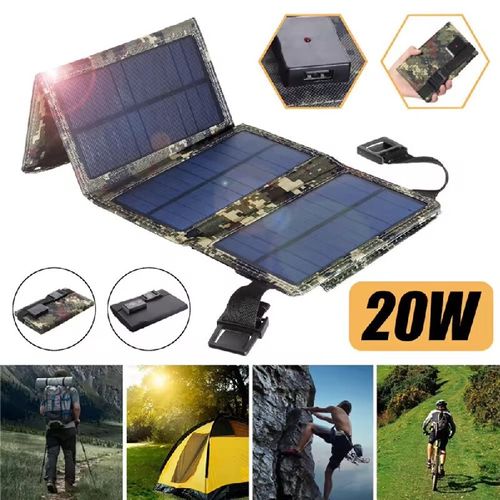 Camouflage folding solar charging panel: An outdoor solar energy supply station, with 20W high-efficiency power generation, foldable and portable, waterproof and durable. USB interface compatible with multiple devices, allowing you to freely use electricity outdoors and eliminating worries about power during exploration.