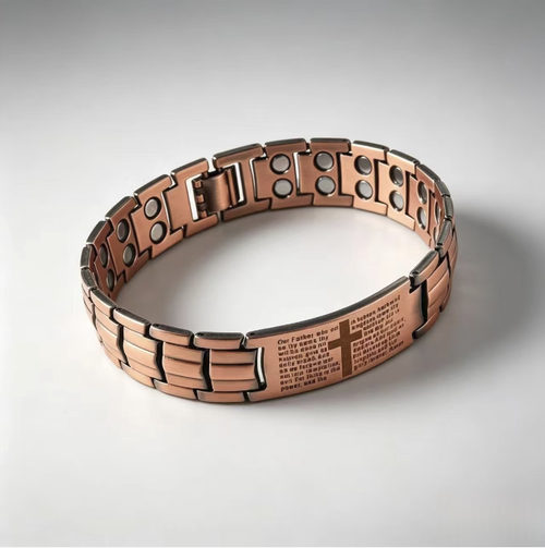 Vintage men's magnet bracelet. The red copper textured links are tough and neat, allowing for adjustable and detachable design to fit different wrist sizes. The engraved details showcase individuality. The magnets fit snugly and are comfortable to wear. The material is durable and doesn't fade easily. All of these make it a choice that combines both appearance and practicality. It is a low-key and high-quality accessory for men's daily outfits.