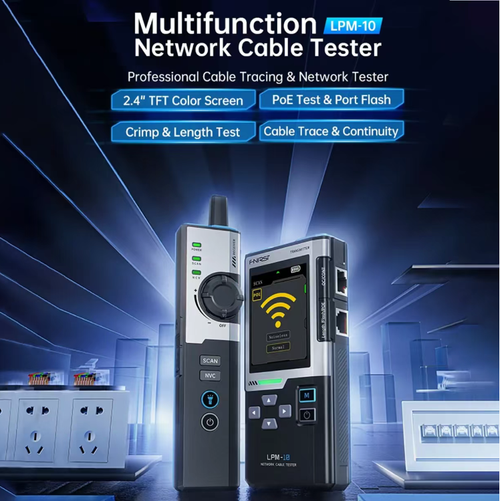 FNIRSI LPM-10 Multi-functional Wire Tracing Instrument, capable of performing cable tracing, continuity and interruption length testing, PoE detection, NCV electrical testing and network speed measurement. With a 2.4-inch color screen for visual operation, it features 60V voltage withstand safety protection. Its portable and integrated design makes it a professional-level all-in-one diagnostic tool for network cabling and maintenance.