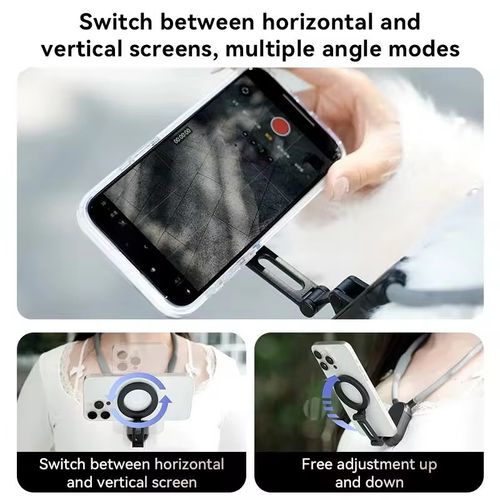Skin-friendly silicone magnetic phone holder for neck. Dual anti-shake reinforcement design. 360° rotation + seamless switch between portrait and landscape modes. One-click quick assembly and disassembly for time and effort saving. Strong magnet compatible with full-sized phones. Suitable for outdoor live streaming, short video shooting, cycling navigation, hiking recording, home TV series watching, etc. Lightweight and portable. Long-wearing and non-fatiguing shooting assistant tool.