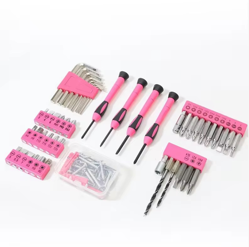 A pink multi-functional household tool set, containing 151 tools, covering all scenarios of home maintenance. The pink anti-slip handle provides a comfortable grip, and the tool box is neatly organized with a high appearance quality. The tools are sturdy and durable, helping you easily become a home maintenance expert, managing your home in a stylish and efficient way.
