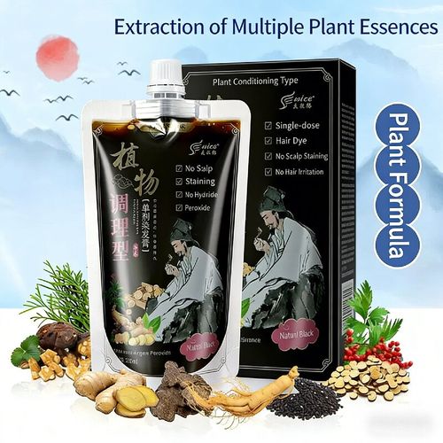 A conditioning single-dose hair dye. If you place an order today, you will receive 4 bottles. This will cover your hair dye needs for half a year. It extracts natural plant extracts such as ginger, ginseng, and black sesame (without irritating chemical components). When dyeing, you won't smell any pungent odor. When applied to the scalp, it gives a warm and comfortable sensation. It can cover white hair in just one step. After dyeing, the hair won't tangle or fall out.