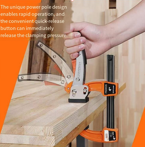 This ratchet-style woodworking F clamp features a quick locking design. With just one push and one pull, it can firmly hold the material, saving effort and being highly efficient. The jaws are equipped with soft rubber protective pads, suitable for various board sizes. It can be used for woodworking bonding and furniture assembly, providing stable and non-slip grip. It is an efficient clamping tool for DIY and workshop operations.