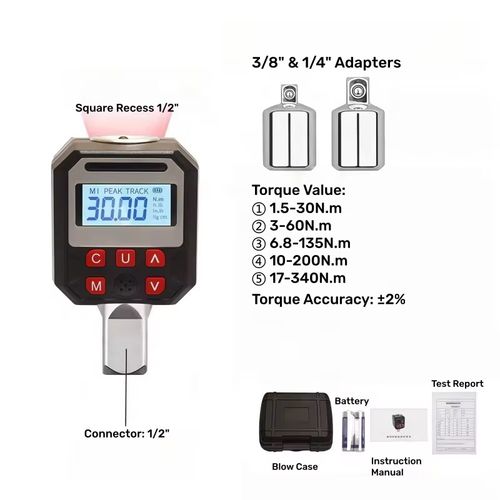High-precision digital torque adapter, with high accuracy and large-screen LCD display, supporting 4 unit conversions. Equipped with multiple specification conversion heads to adapt to all scenarios. It features audible and visual alarms to prevent overloading. It offers dual modes that combine real-time measurement and peak locking, ensuring precise and compliant screw tightening. It is an essential tool for auto repair and equipment assembly.