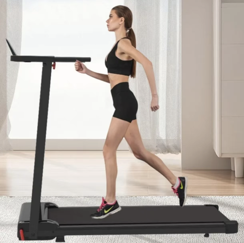 This household folding treadmill is easy to set up with just one click. When folded, it can be stored under the bed and doesn't take up much space. It is equipped with an ultra-quiet shock-absorbing motor, multiple speed settings, and a carbon steel body with a load capacity of 110KG. It comes with an LED screen and mobile wheels, and supports incline walking and stepping. It is an ideal choice for small-space fitness.