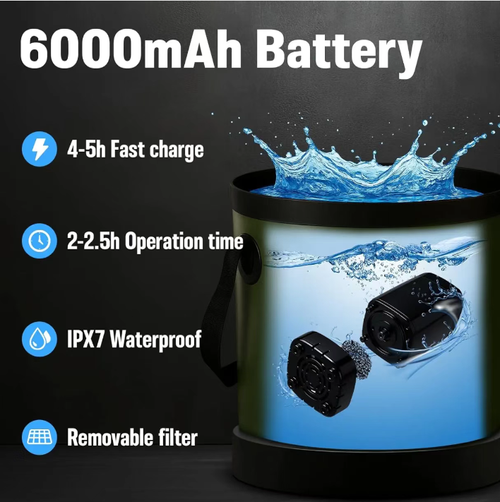 Portable outdoor shower unit: 6.6-gallon folding bucket + 1500W rapid heating + intelligent pump, precise temperature control. 6000mAh long-lasting battery life, IPX7 waterproof and anti-slip, four shower modes, hose suction cup holder for flexible installation. Foldable for easy storage, suitable for all outdoor activities including camping and driving. Easily bring a comfortable bathroom to the outdoors.