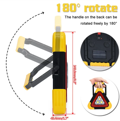 Solar tripod warning sign. It can be charged via solar power and USB. It has five warning light modes and can be clearly seen within a range of 500 meters. It combines the functions of a flashlight and a power bank. It can rotate 180 degrees and has shockproof and waterproof properties. It is a multi-functional safety emergency tool suitable for camping.