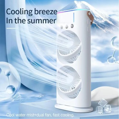 Double-head spray fan, with two fans and three-hole fine water mist, can lower temperature by 3-5℃ when adding ice. It can automatically rotate 90° to send air over a wide area. The wind speed can be adjusted in three levels. It supports dual charging and can be used with a seven-color night light to create an atmosphere. It also has the functions of cooling and humidifying. It is suitable for desktop camping and can keep you cool all the time.