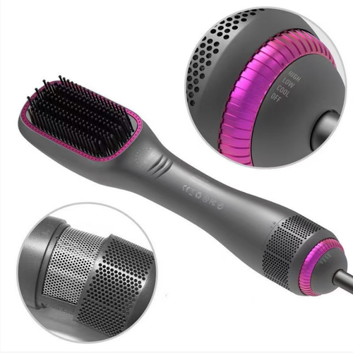 This three-in-one hot air comb combines the functions of blowing hair, straightening hair and curling hair. It features multiple speed settings and temperature control. The rounded comb teeth reduce the pulling of hair strands. It can dry hair while shaping it, using hot air for styling and then cooling it for setting. It is multi-functional and can be used for various hairstyles at home. After use, wait for it to cool down before storing it.