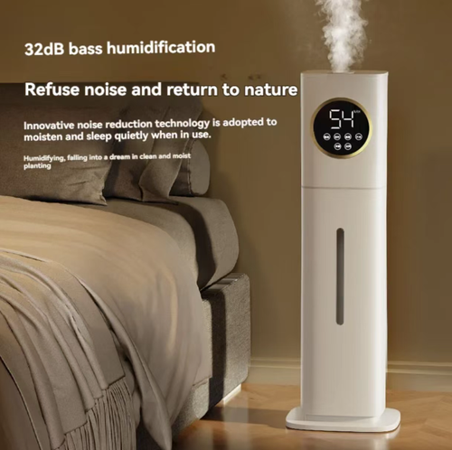 This 8L vertical humidifier is equipped with UV sterilization and medical stone filtration. It can directly use tap water and has a sterilization rate of 99.90%. With a 250ml water output per hour, it can cover approximately 120 square meters. It operates at a quiet 32dB and supports intelligent humidity control, timing, and remote control. The top design allows for effortless water filling without bending over, making it an ideal choice for whole-house health humidification.