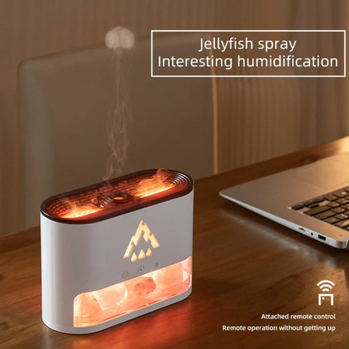 This flame aroma lamp: Simulates the warm glow of a campfire enveloping the jellyfish water mist. It diffuses fragrance and humidifies the air simultaneously. The RGB colored light can be switched. It is compatible with remote control for bed use. The bottom rock salt softens the light, which is suitable for both tabletop and bedside use. Turn it on during overtime or before sleep to make the solitary time gentle and soothing.