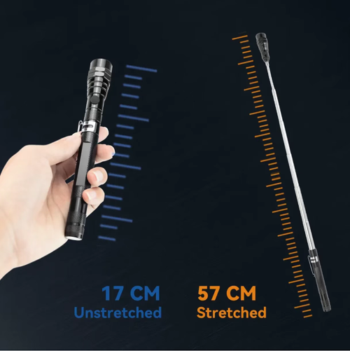 This flexible, magnetic and extendable flashlight can be folded to 17cm for portability, and can be extended to 57cm with a flexible hose that can be bent freely. It can easily enter narrow spaces without any pressure. It has dual strong magnetic attachments, which can also fix tools, it has 3 high-brightness LED lights to illuminate dark corners. It is rust-proof and durable, suitable for automotive repair, decoration and home use. It is the savior for hidden corners in any space.