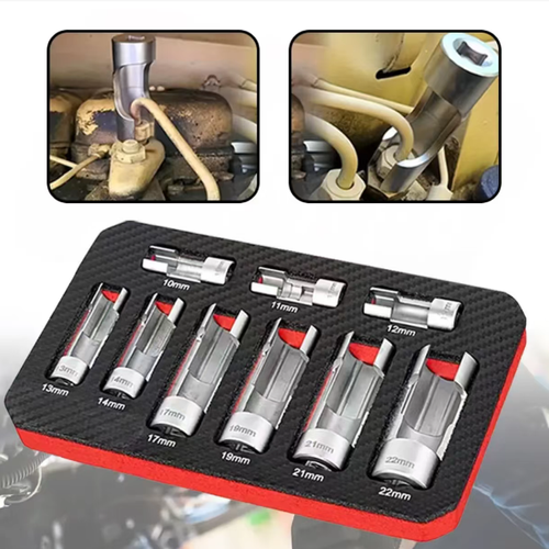 A 9-piece open-ended slot sleeve made of chromium-vanadium steel, featuring multiple size specifications, is suitable for disassembling and assembling oxygen sensors and diesel fuel injectors. The side slot design allows for avoiding the pipeline, and when used with a ratchet wrench, it is suitable for auto repair and maintenance. It is convenient for storage and is suitable for use in repair shops and vehicle maintenance.