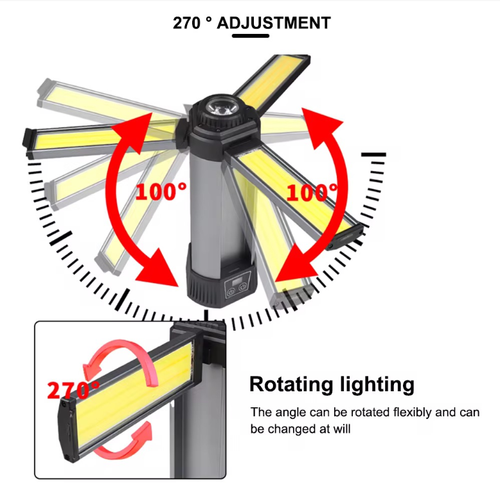 This multi-functional portable work lamp features three COB light sources with sufficient brightness. It can be adjusted horizontally within 300° and vertically within 100° for lighting. The strong magnetic attachment and hidden hook allow you to free your hands. The wireless design comes with a battery level indicator. It is suitable for various scenarios such as auto repair, home decoration, and outdoor use. It is an intelligent and helpful assistant for maintenance lighting.