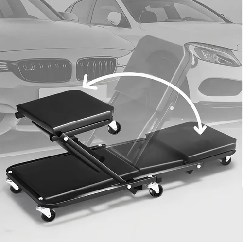 Essential for auto mechanics! A 36-inch foldable car repair bench with thick soft cushioned waist support, capable of supporting up to 330 pounds. It can instantly transform into a small wheel stool, with swivel wheels for smooth movement. It can be folded and stored without taking up much space. It's convenient for both lying and sitting during repairs, and makes it effortless to access the underside of the car without any discomfort.