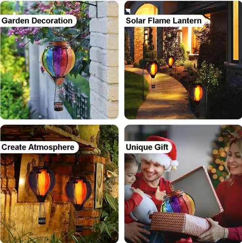 This handcrafted ironwork solar hot air balloon lantern: The artisan has created unique patterns. It can automatically recharge with solar energy without the need for wiring. It is IP65 waterproof and can withstand rain and wind. During the day, it functions as an artistic piece. At night, it emits warm light to create an atmosphere. It is suitable for use in gardens, patios, and balconies. It brings a romantic charm to the four seasons of the yard.