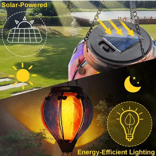 This handcrafted ironwork solar hot air balloon lantern: The artisan has created unique patterns. It can automatically recharge with solar energy without the need for wiring. It is IP65 waterproof and can withstand rain and wind. During the day, it functions as an artistic piece. At night, it emits warm light to create an atmosphere. It is suitable for use in gardens, patios, and balconies. It brings a romantic charm to the four seasons of the yard.