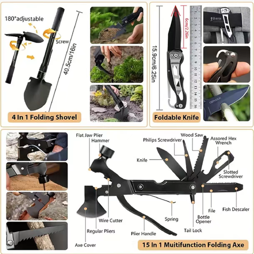 This outdoor toolkit is an outdoor mobile safety container: 4-in-1 shovel, 15-in-1 axe, multi-functional spoon covering camping operations, first aid kit + reflective blanket for emergencies, flashlight + umbrella + rope + compass covering all the details. It can be hung on the backpack seat, waterproof and portable. Perfect for hiking, driving, and carrying it with you when you go out, ensuring your outdoor security.