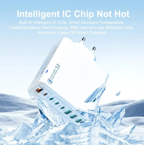 8-in-1 Fast Charging Head: One plug replaces multiple chargers, charging 8 devices simultaneously, saying goodbye to tangled power cords. It supports fast charging protocols such as QC4.0, intelligently distributing power for fast charging without sacrificing efficiency. With 8 layers of protection for greater safety. Portable for use at desks or on trips, it is a charging + neatness solution.