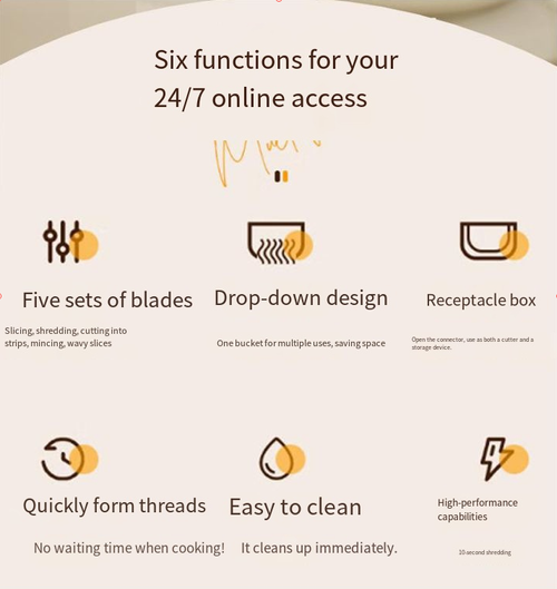 Electric vegetable cutter, with 5 types of blades, capable of processing large-sized ingredients without disassembly. Just press once and it will cut the food effortlessly, making it very convenient to use and easy to clean while maintaining a good appearance. Whether you are a beginner in the kitchen or a professional cook, with this device, you can quickly prepare uniform and delicious ingredients, thereby enhancing both the efficiency and enjoyment of cooking.