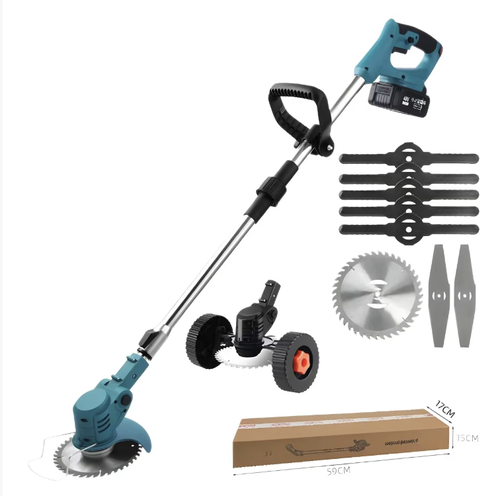 This foldable lithium battery lawn mower has dual power supply for long-lasting operation. It is compatible with multiple blades for various garden maintenance tasks. It can be extended and folded for easy storage. It also has an auxiliary wheel for more convenient operation. The wireless lithium battery is noise-free, pollution-free, safe and durable. It is an all-in-one electric tool for household garden weed removal and lawn trimming.