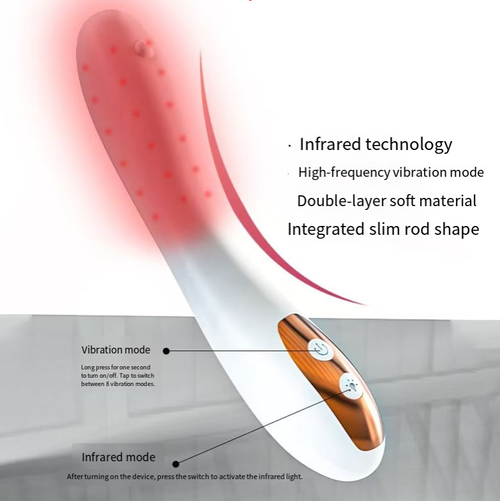 Medical-grade red light therapy vibrator for enhancing women's sexual well-being. It has an elegant appearance, featuring infrared and intelligent heating functions, which can quickly stimulate sexual desire. It has 8 quiet vibration modes to meet various needs. Multiple charging methods for easy portability. The soft silicone surface is friendly to the private parts, with the right size to stimulate sensitive areas and provide an ultimate pleasurable experience.