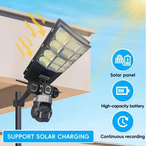 Solar-powered monitoring street lamp integrated device, no wiring required and no electricity cost. Efficient solar panel power supply, capable of lasting 3-5 days even in rainy days. 360° all-round monitoring + high-brightness lighting combined. AI human shape detection, two-way voice communication. IP66 waterproof and dustproof. Easy installation. It is an essential outdoor security solution for courtyards, farms, and construction sites.