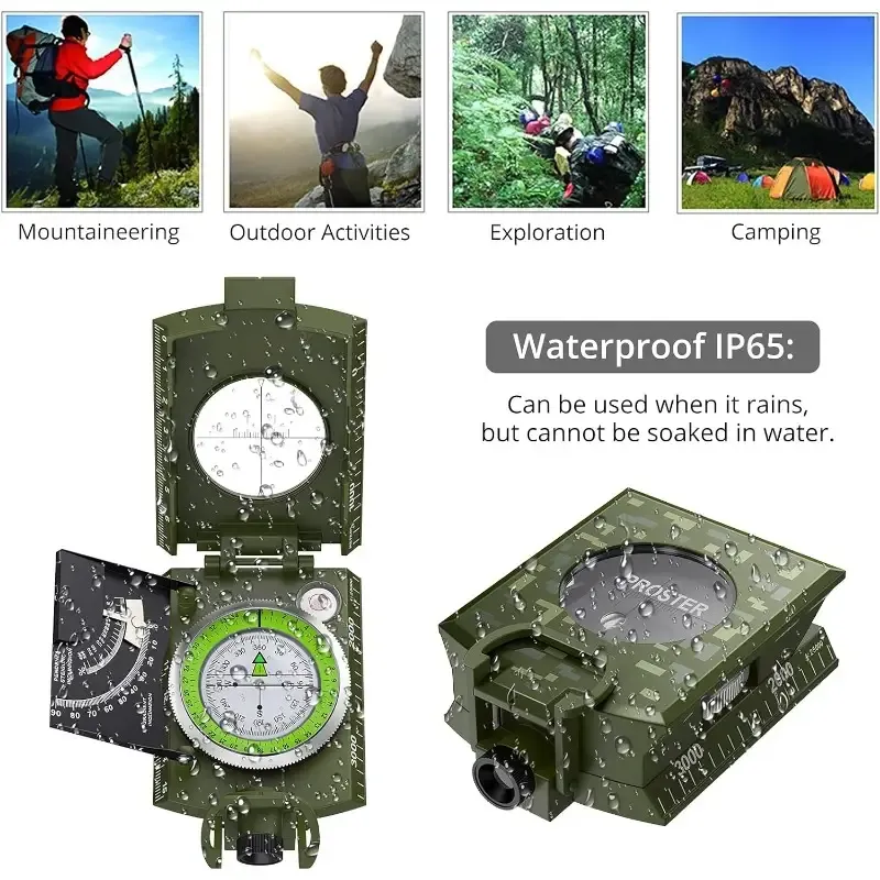 Military Compass Designed for Hiking, Featuring Lensatic Sighting, Waterproof Construction, Durability, And an Inclinometer Suitable for Camping, Scouting, Geological Activities, And Boating.