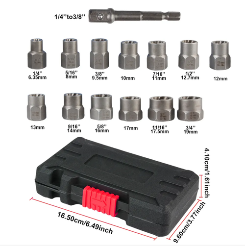 This 14-piece nut removal tool is made of CR-MO chromium-molybdenum steel that has been heat-treated at high temperatures. Its spiral reverse-teeth design makes it easy to remove slotted and rusted-in screws. It comes in 14 common sizes and is equipped with a storage box. It is an incredible tool for automotive repair and home maintenance to tackle stubborn fasteners!
